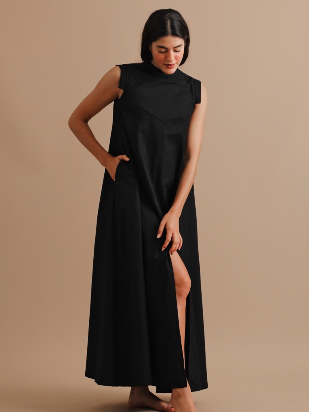 Flowing Black Sleeveless Maxi Dress - Modern Minimalist